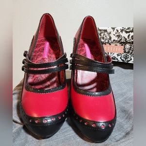Bordello Tempt Red/Black Triple strap mary jane heels (new, never worn)